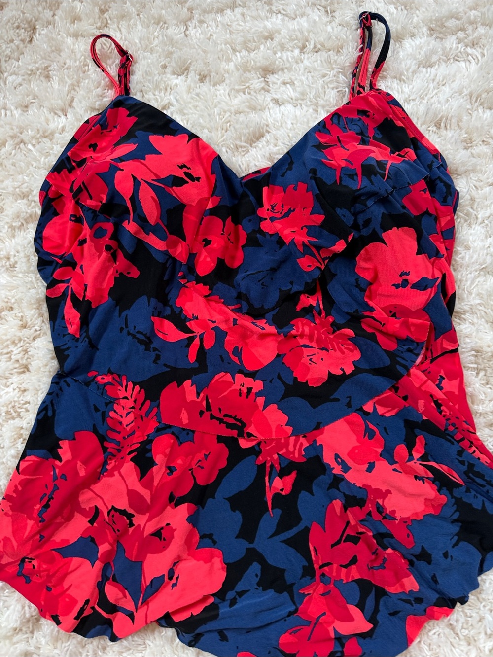 Aqua Green Navy and Bright Red Floral Tankini